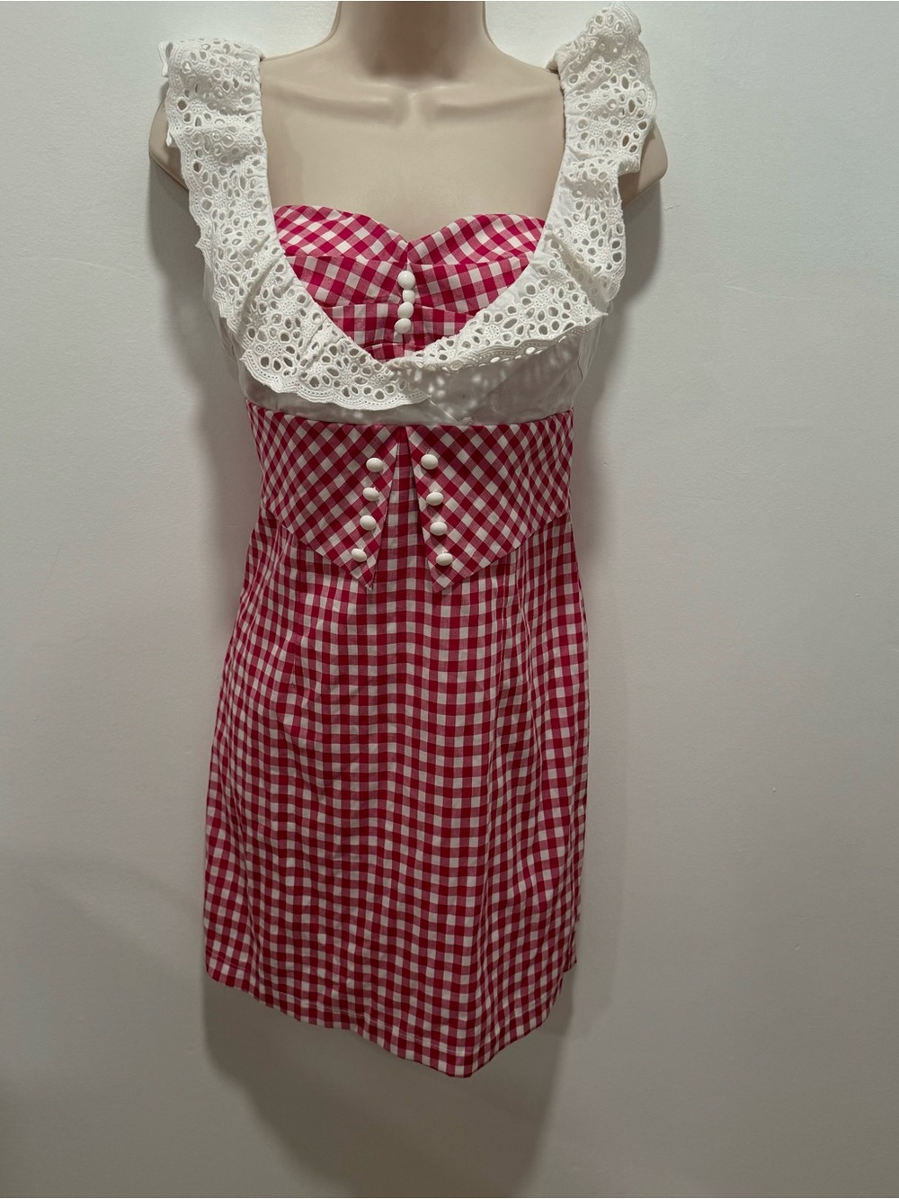 Red Gingham Midi Dress with White Eyelet Ruffle